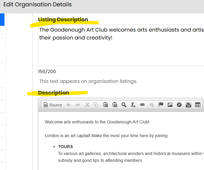 Showing the Short Description and Long Description - SELL YOUR CLUB OR SOCIETY HERE!!!!!!