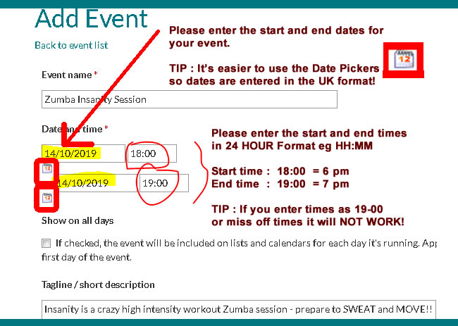 Event Start and End Dates and Times : PLEASE SEE SCREENSHOT AND INSTRUCTIONS BELOW!!!